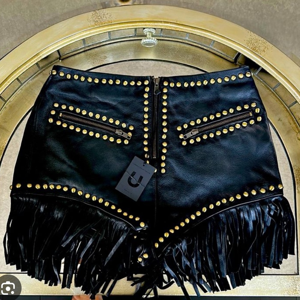 Understated Leather Black Studded Fringe Women Leather Shorts XL NWT